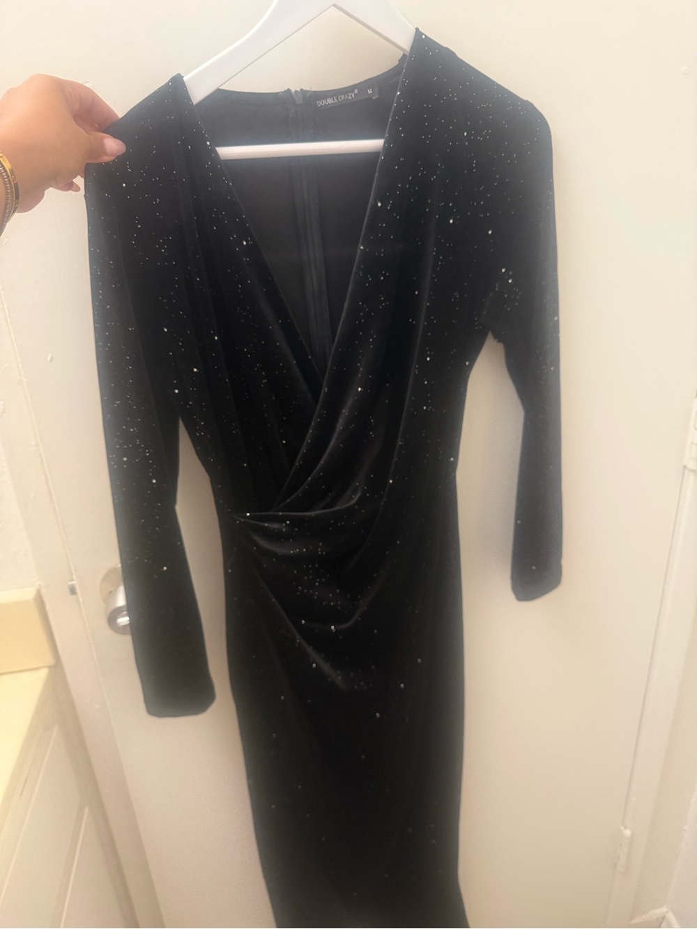 Double Zero Black Velvet Long-Sleeve Sparkle Wrap Dress